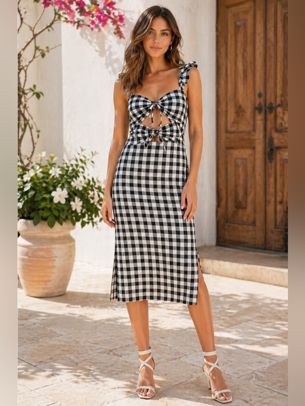 LEYDEN Black White Gingham Front Cut Out Tie Midi Dress Ruffle Strap Boho Summer